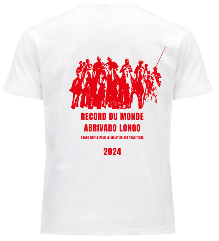 Voici une maquette de T-shirt " record du monde, abrivado longo", créée par l'entreprise Creacool. C'est l'un des plus grands défilés pour le maintien des traditions en 2024.